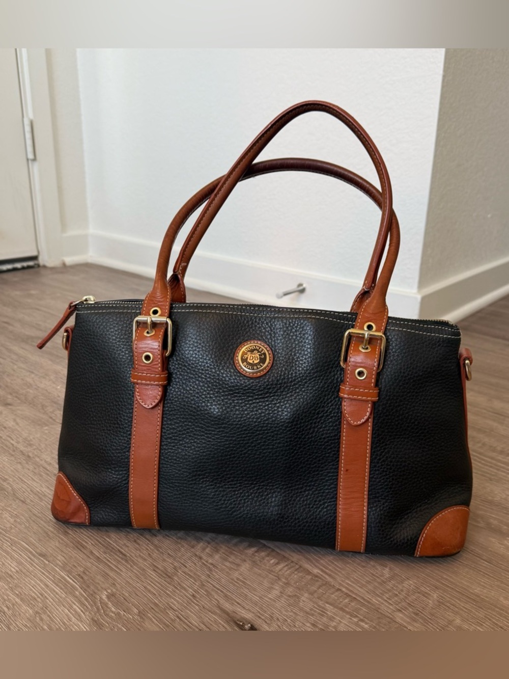 Dooney & Bourke Black Pebble Leather Domed Satchel Bag - Tan Trim & Gold HW